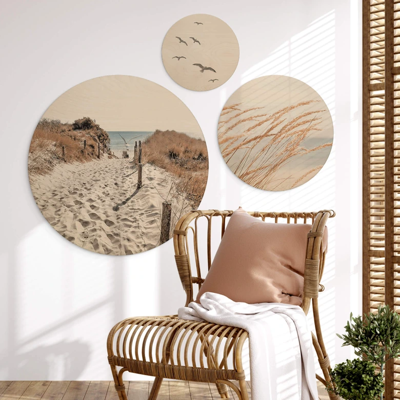 Holzbild Stranddünen am Meer Set (3-teilig) - Rund 