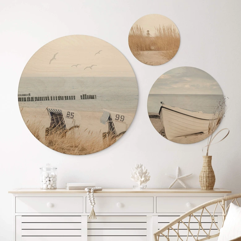 Wandcirkel Hout Close to Sea (3-delig) 