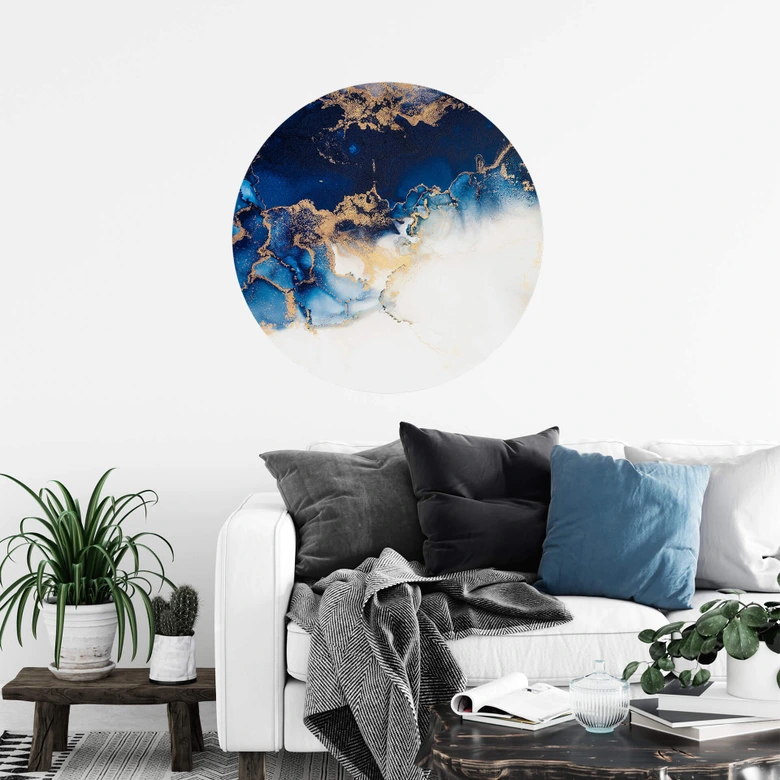 Abstrakcyjna marmurowa naklejka na ścianę z niebieskim i złotym efektem - Okrągła 