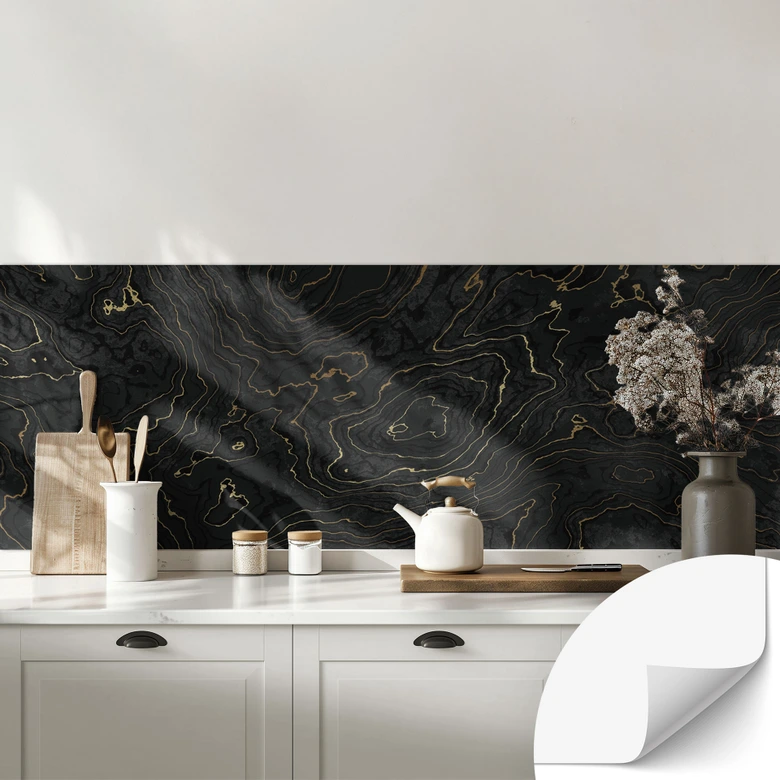 Self-adhesive kitchen splashback Abstract lines black-gold - Amini 