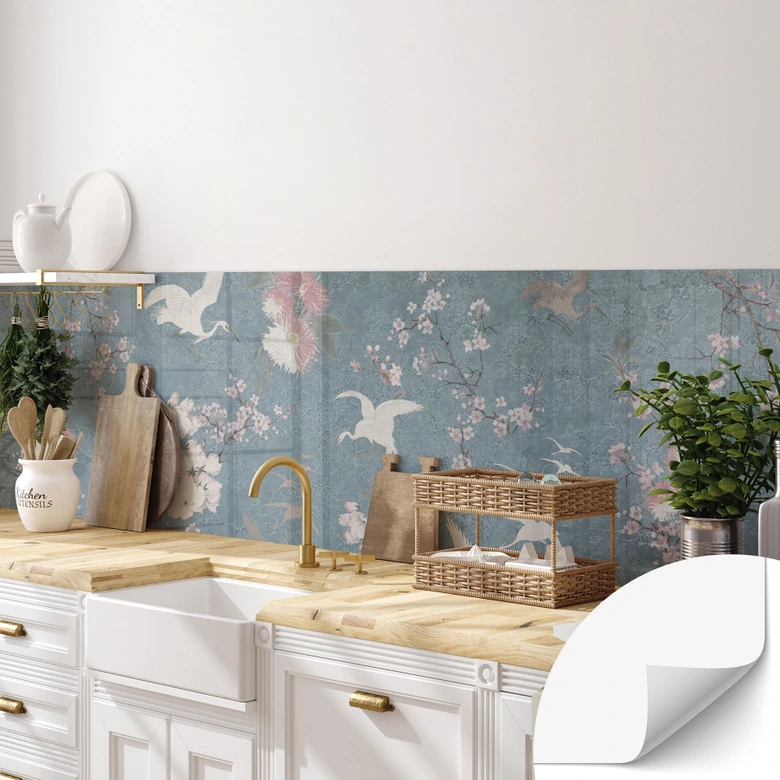 Self-adhesive kitchen splashback Cranes in Cherry Blossom Rush Blue - Bloomery Decor 