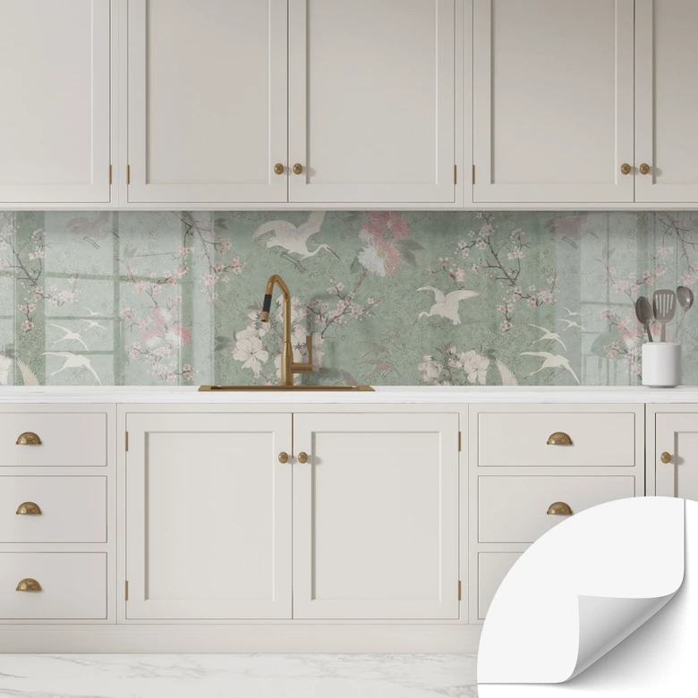 Salpicadero de cocina autoadhesivo Grullas en flor de cerezo verde frenesí - Bloomery Decor 