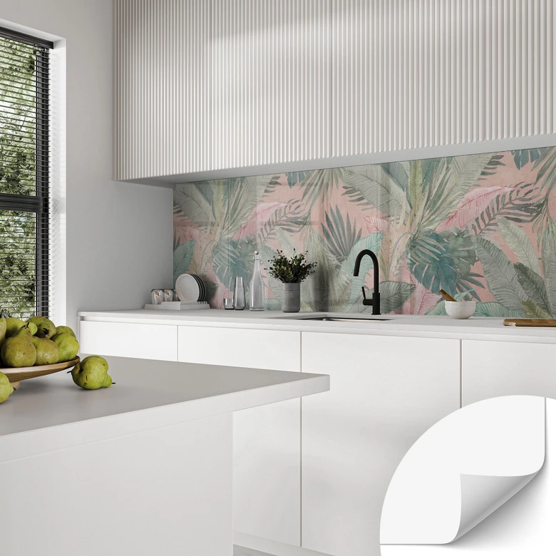 Zelfklevende Keukenachterwand tropische bladeren in de jungle roze - Bloomery Decor 