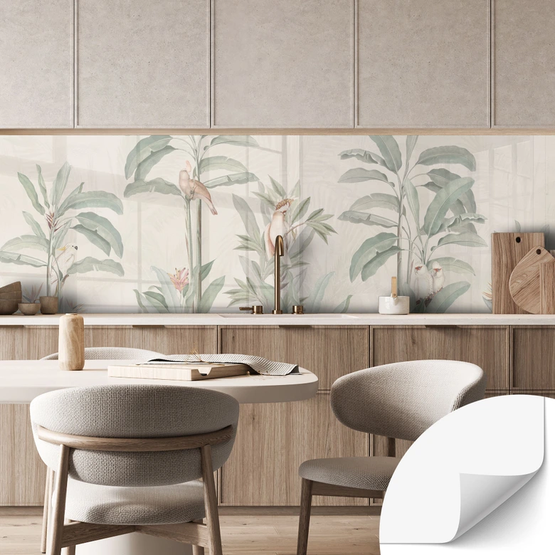Self-adhesive kitchen splashback Tropical forest with cockatoos - Bloomery Decor 