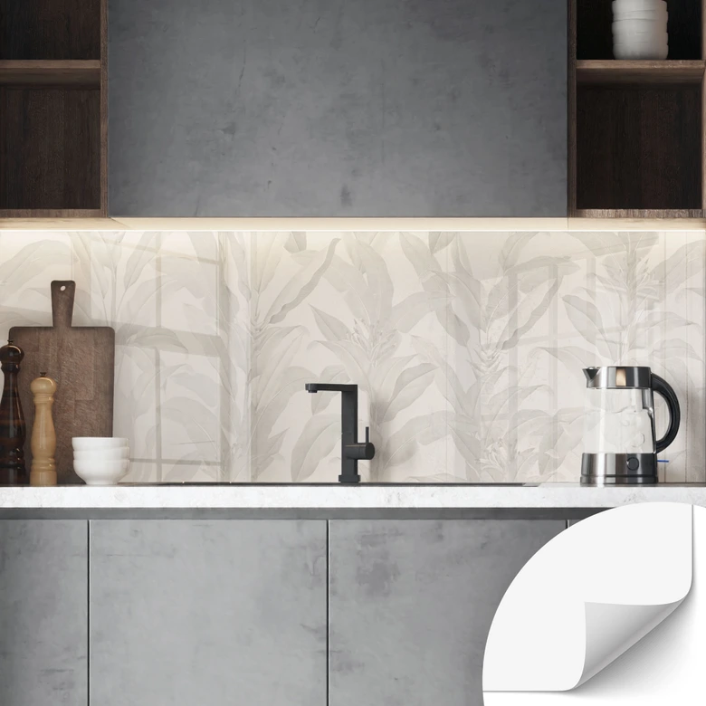 Selbstklebende Küchenrückwand Urban Jungle Tropenblätter Creme - Bloomery Decor 