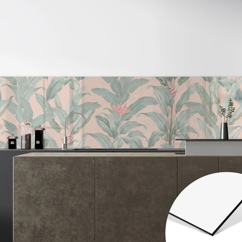 Selbstklebende Küchenrückwand Urban Jungle Tropenblätter Rosa - Bloomery Decor 