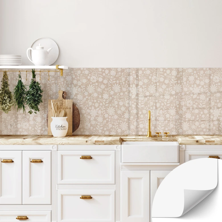Salpicadero de cocina autoadhesivo Flores vintage con aspecto de lino - Bloomery Decor 