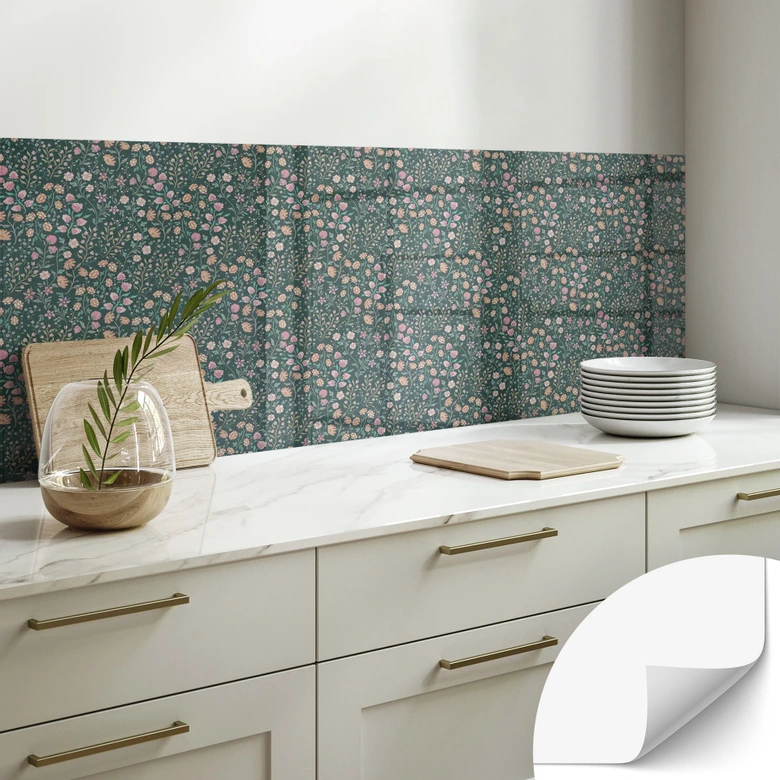 Self-adhesive kitchen splashback meadow flowers vintage - dark green - Bloomery Decor 