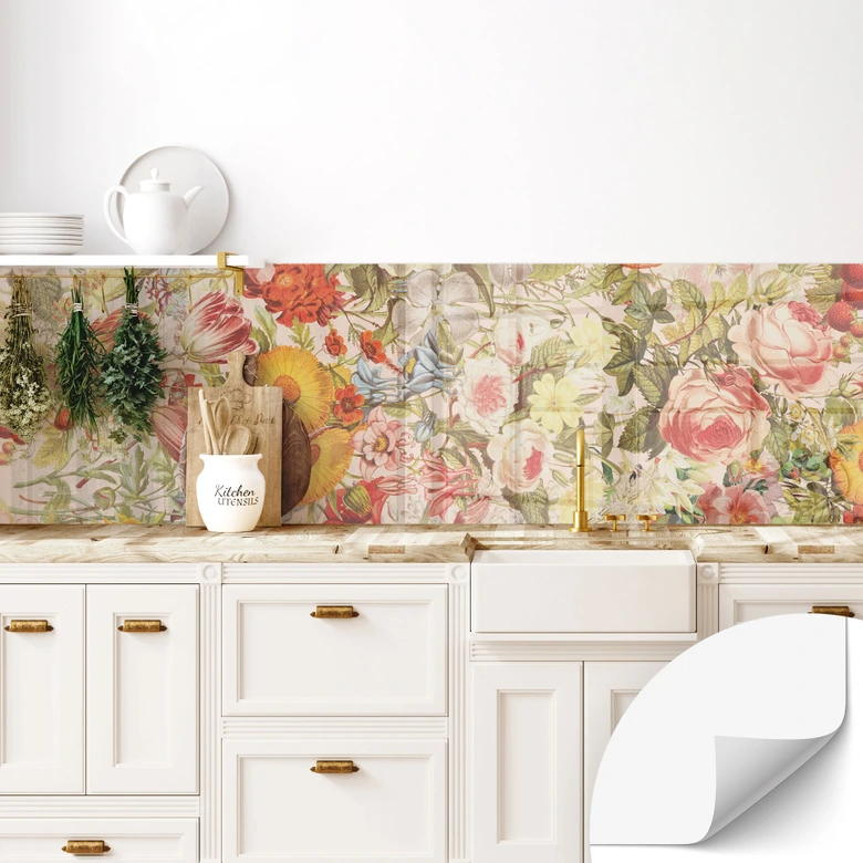 Selbstklebende Küchenrückwand Farbenfrohe Blumencollage - Frida Floral Studio 