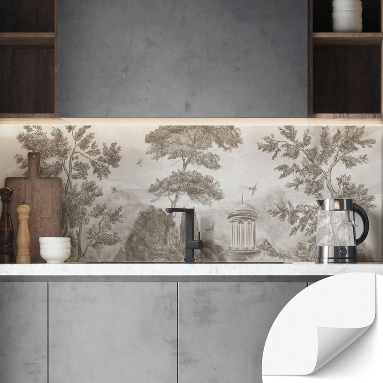 Selbstklebende Küchenrückwand Landschaft mit Gartenlandschaft in Beige - Ms Tiff 