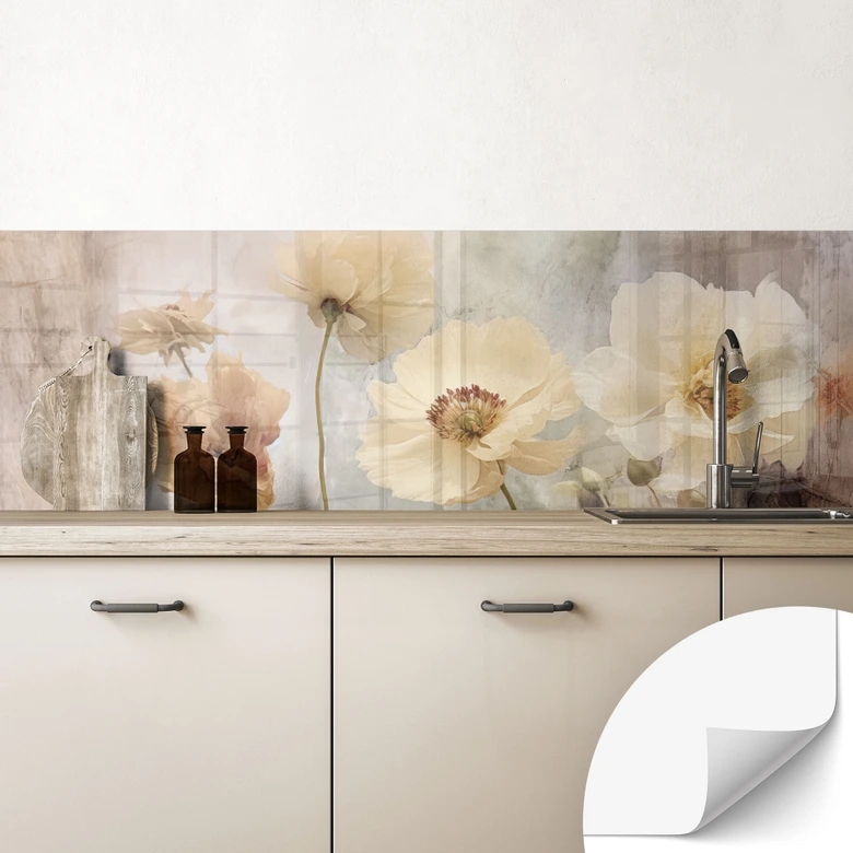Salpicadero de cocina autoadhesivo de esplendor floral en cálidos tonos pastel - Paksoylu 