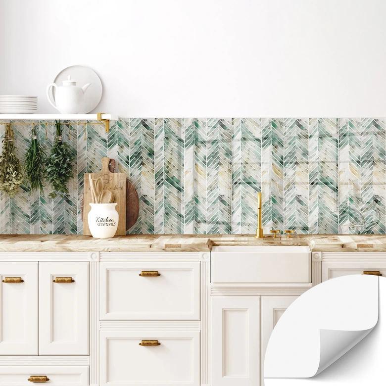 Self-adhesive kitchen splashback Green watercolor herringbone pattern - Treechild 