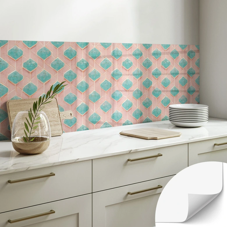 Self-adhesive kitchen splashback diamond pattern in turquoise and pink - Treechild 