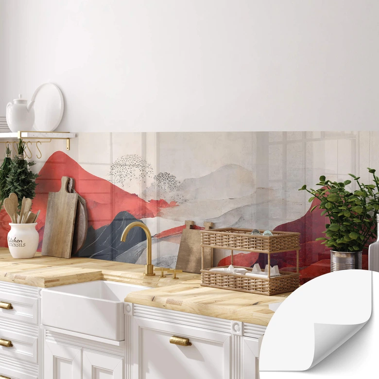 Självhäftande Stänkpanel Treechild - Röda berg i Japandi-stil 