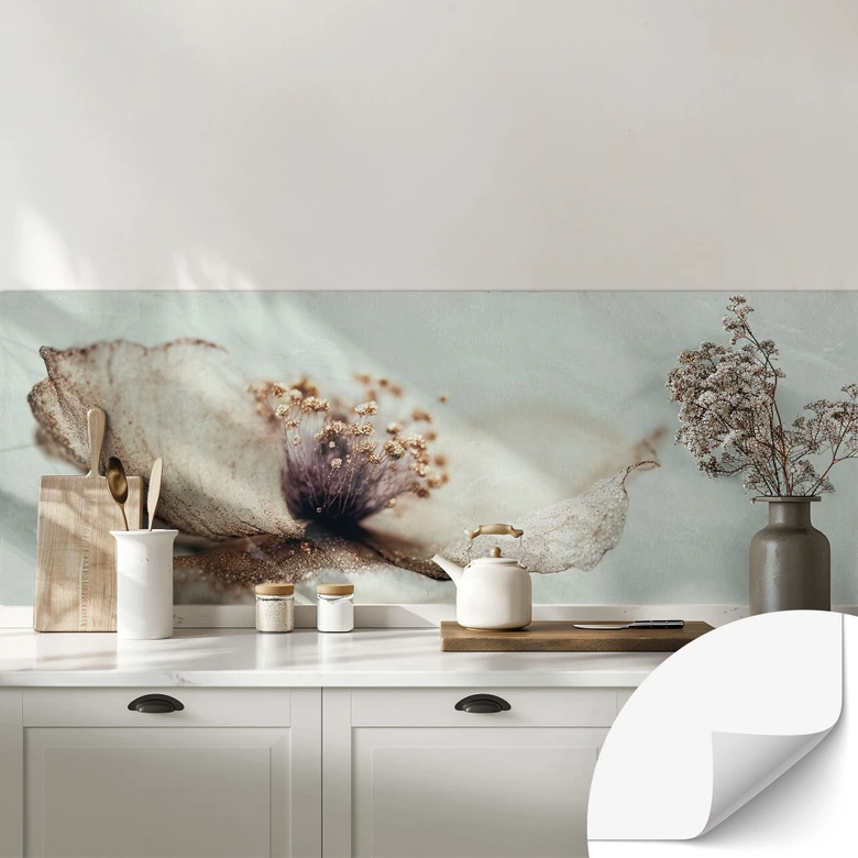 Salpicadero de cocina autoadhesivo Delicadas flores secas en beige - Treechild 