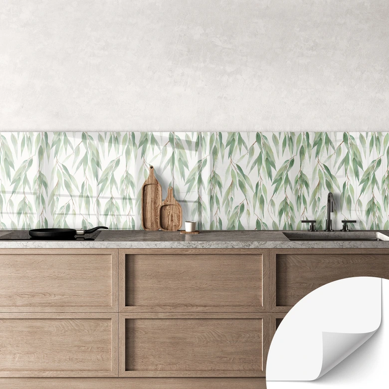 Self-adhesive kitchen splashback branches with green leaves - UN Designs 