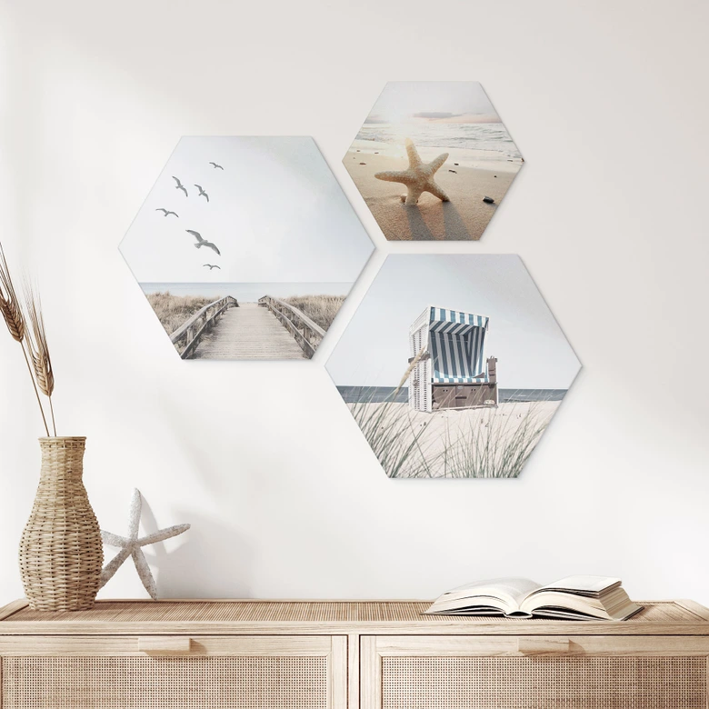 Hexagon Wandbild Strand und Meer Set (3-teilig) - Alu-Dibond 