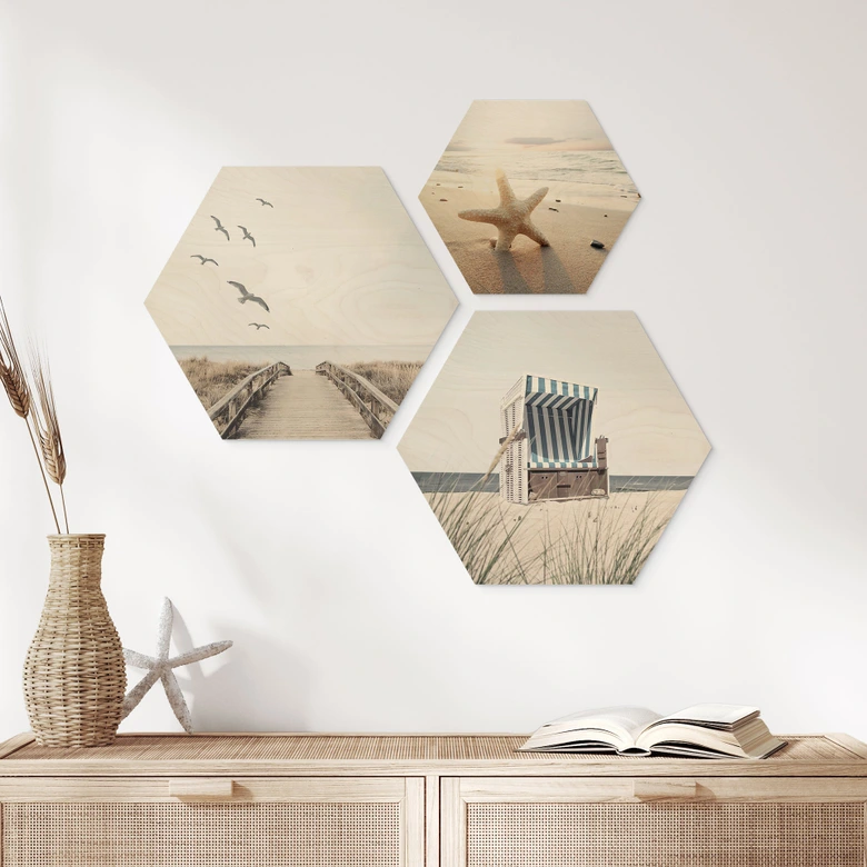 Hexagon Holzbild Strand und Meer Set (3-teilig) 