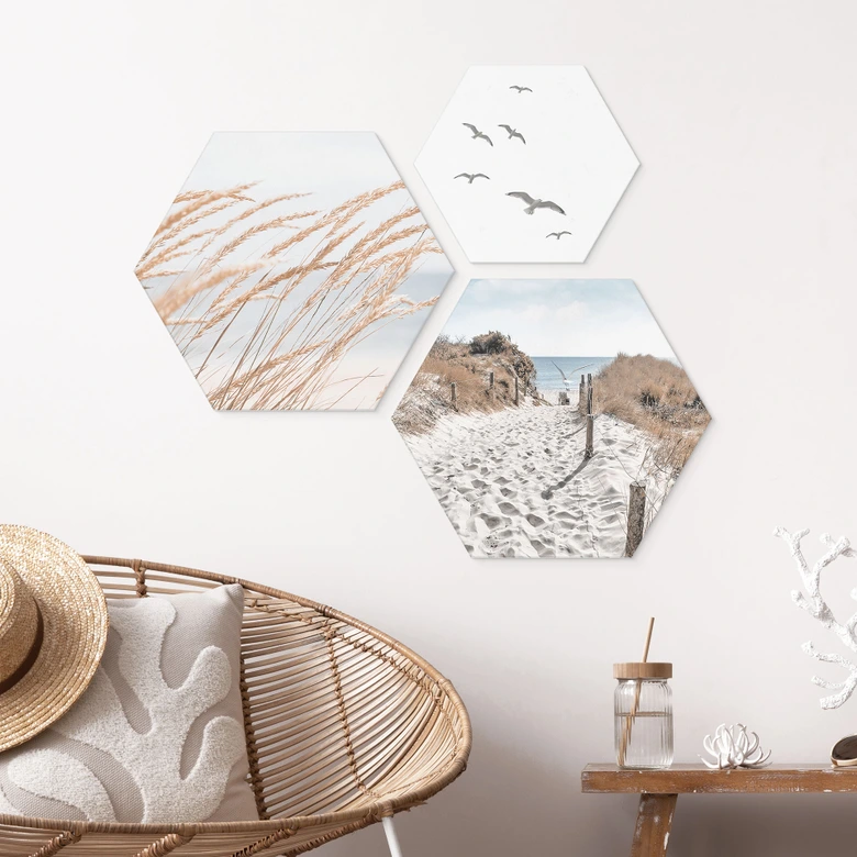 Tableaux hexagonaux dunes de sable en bord de mer (3 pièces) - Alu-Dibond 
