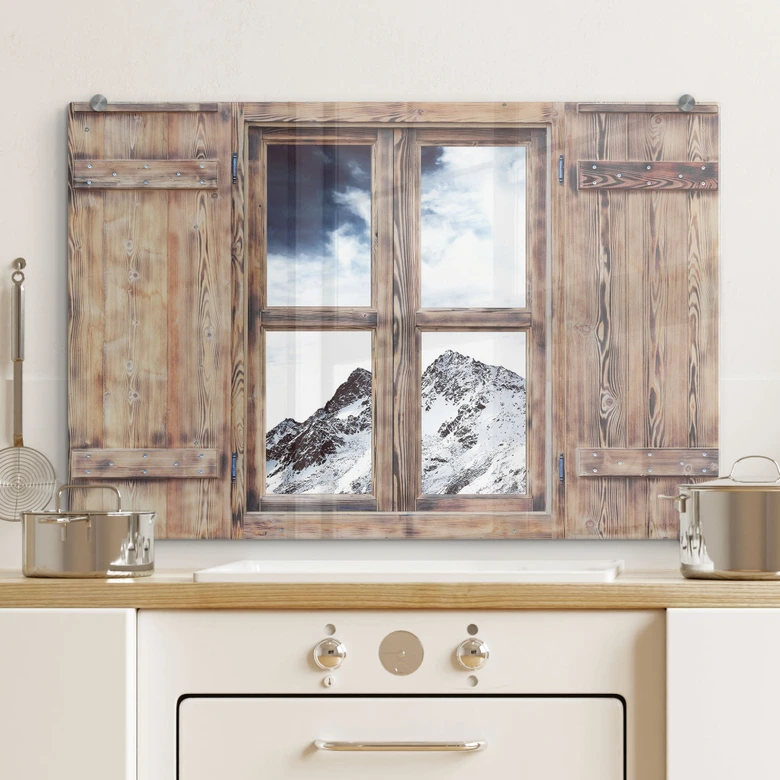Spritzschutz 3D Holzfenster - Snow Mountain 