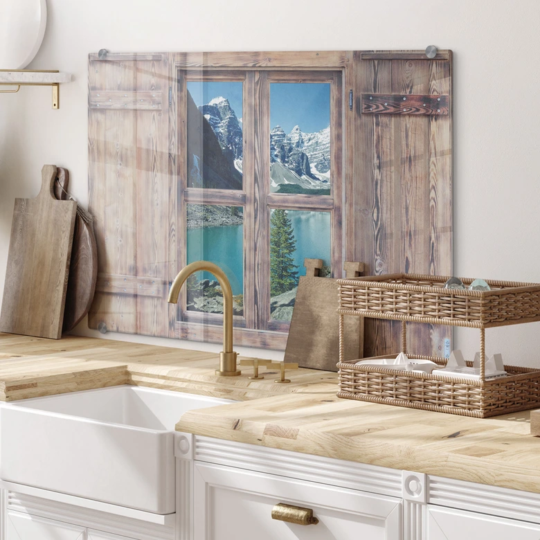 Spritzschutz 3D Holzfenster - Bergsee Idylle 