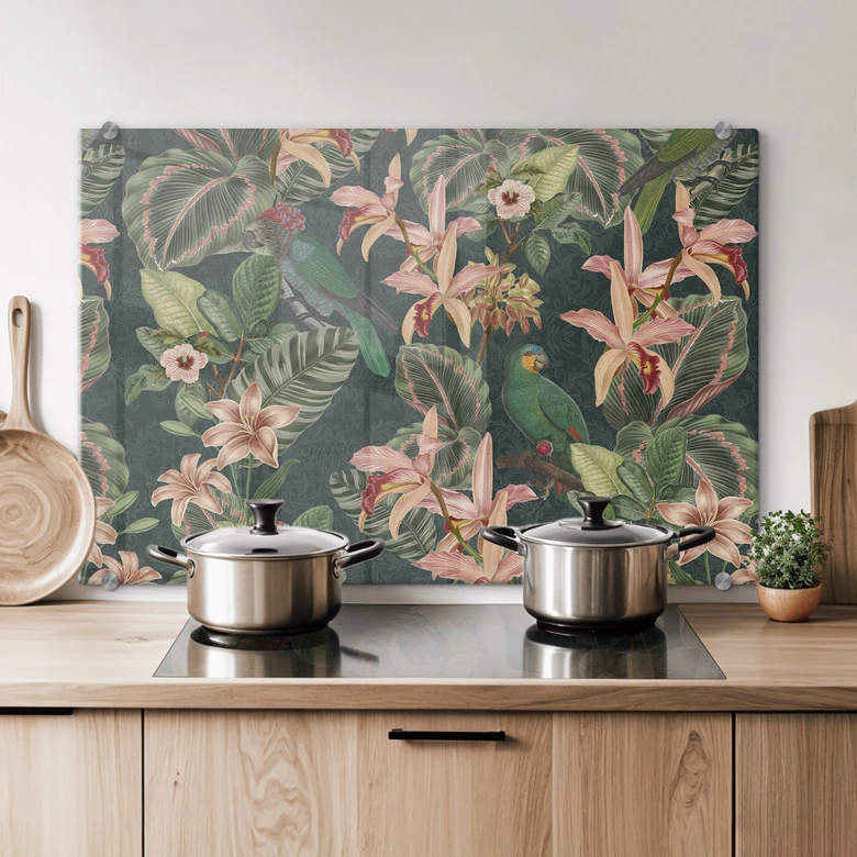 Spritzschutz Dschungel mit Papageien Nachtgrün - Bloomery Decor 