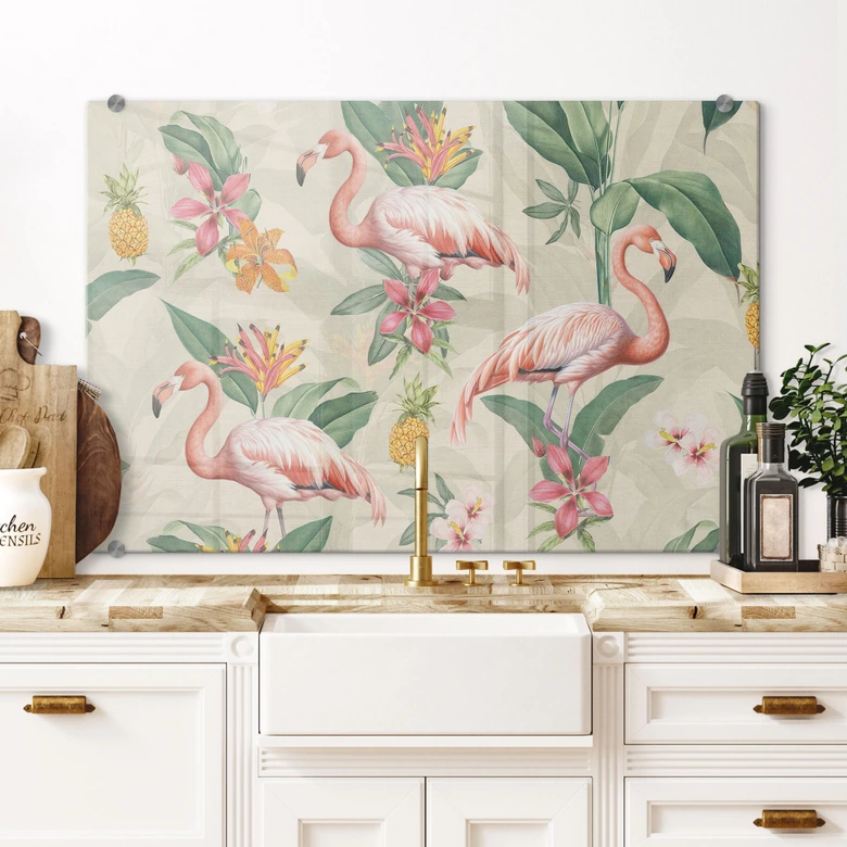 Crédence Flamant rose et feuilles tropicales | Exotisme pour la cuisine - Bloomery Decor 