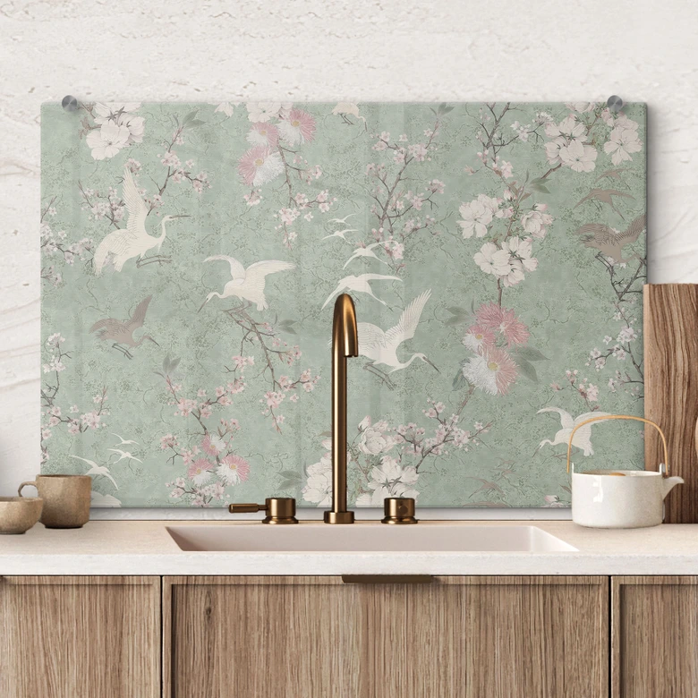 Spritzschutz Kraniche im Kirschblüten-Rausch Grün - Bloomery Decor 