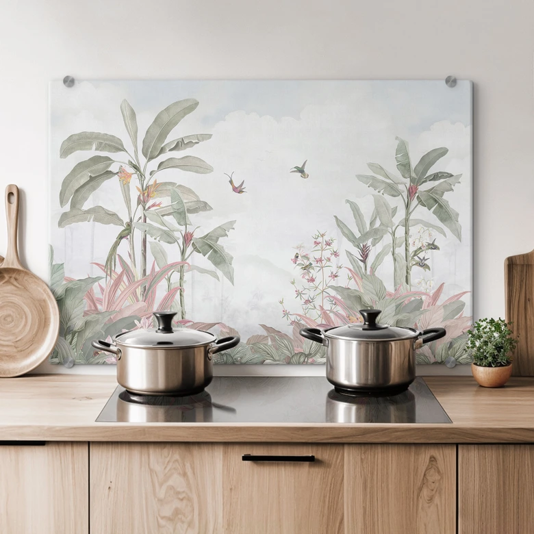 Spritzschutz Tropische Idylle mit Kolibri Blau - Bloomery Decor 