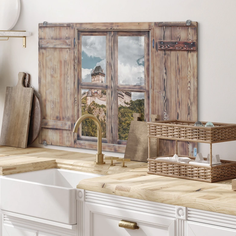 Spritzschutz 3D Holzfenster - Burg Karlstein 