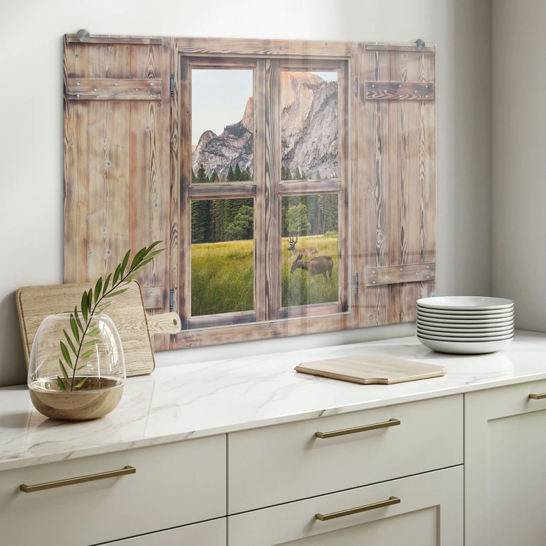 Spritzschutz 3D Holzfenster - Deers in the mountains 