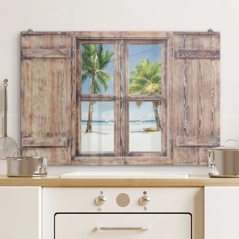 Spritzschutz 3D Holzfenster - Hammock in Paradise 