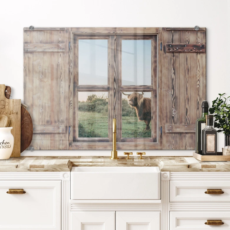 Spritzschutz 3D Holzfenster - Highland Cow 01 