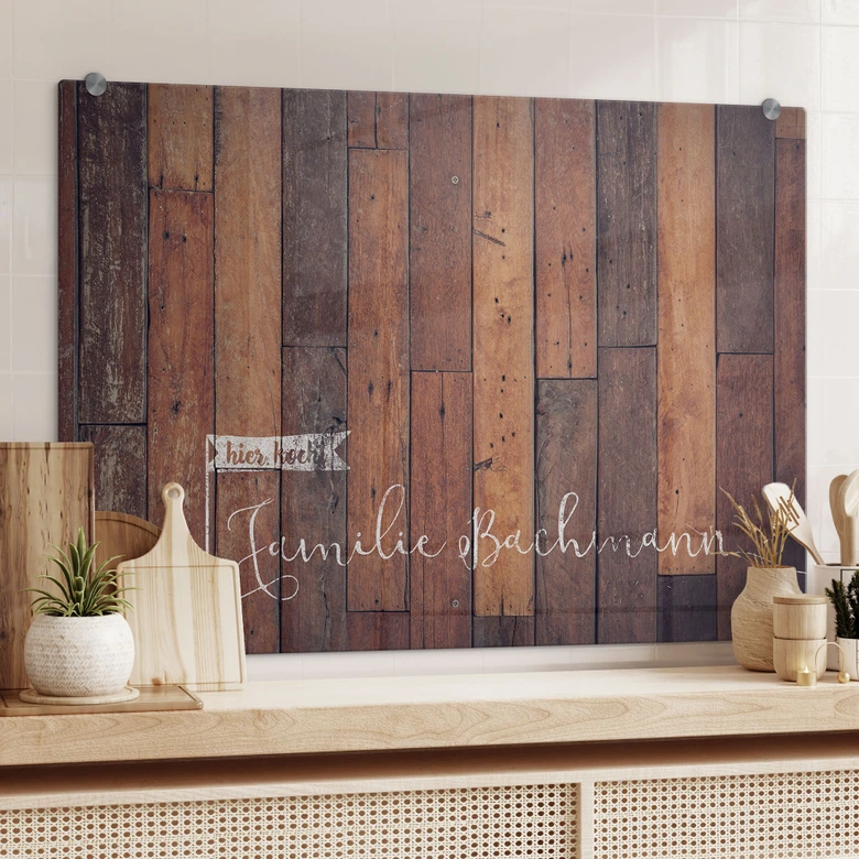 Spritzschutz Holz & Fähnchen + Wunschtext 