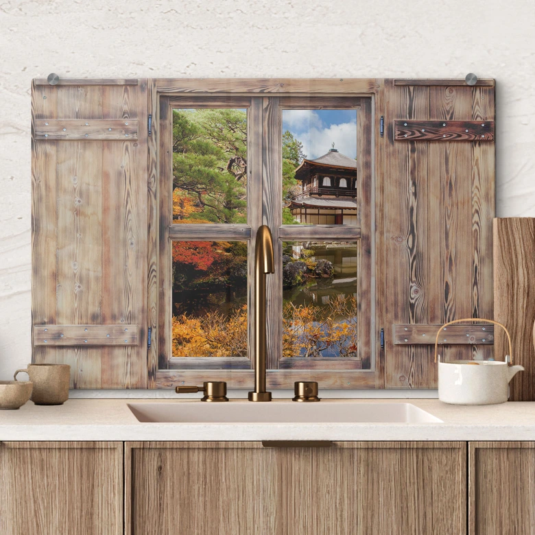 Spritzschutz 3D Holzfenster - Japanischer Tempel 