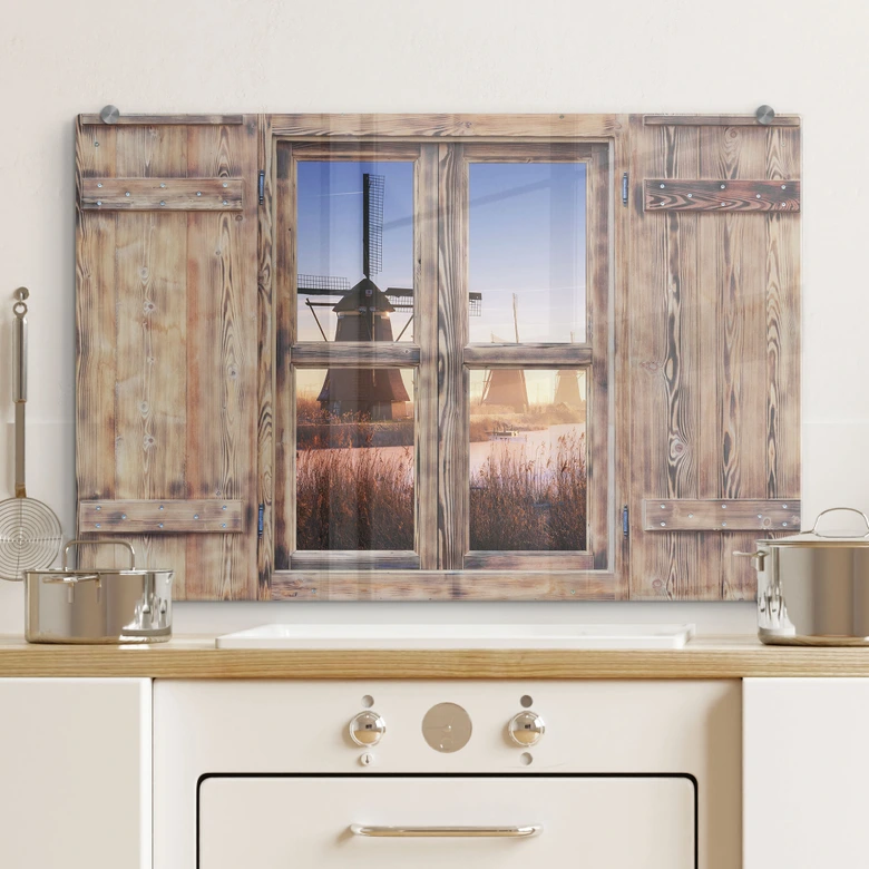Spritzschutz 3D Holzfenster Pablo - Kinderdijk 4 