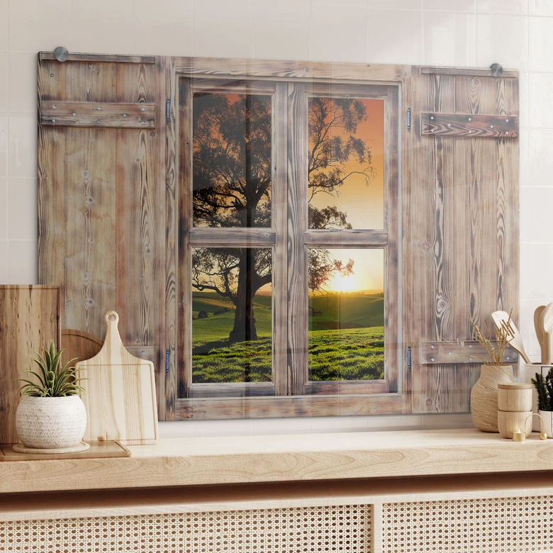 Spritzschutz 3D Holzfenster - Sonnenuntergang über den Hügeln 