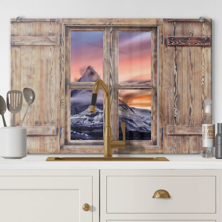 Spritzschutz 3D Holzfenster - Top of the Mountain 