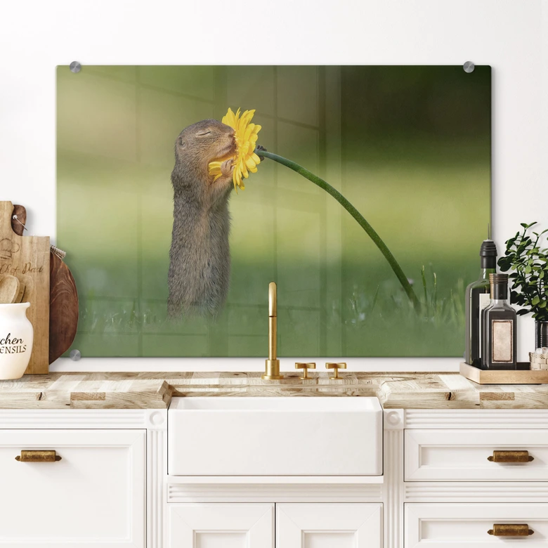 Spritzschutz van Duijn - Erdhörnchen riecht an Blume 