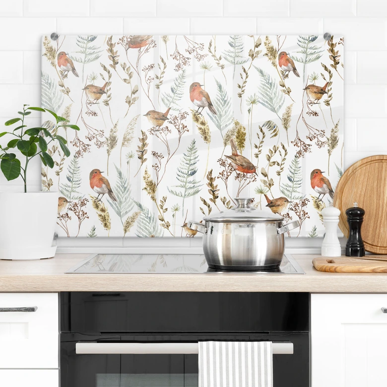 Spritzschutz Spatzen und Rotkehlchen - UN Designs 