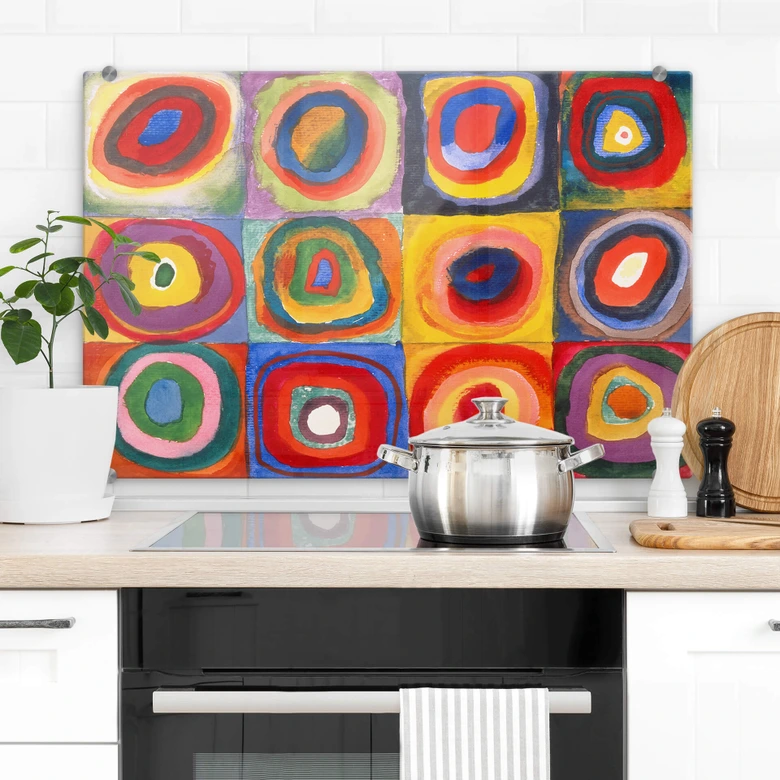 Stænkplade - Kandinsky - Farvestudie; Kvadratisk og koncentriske ringe 