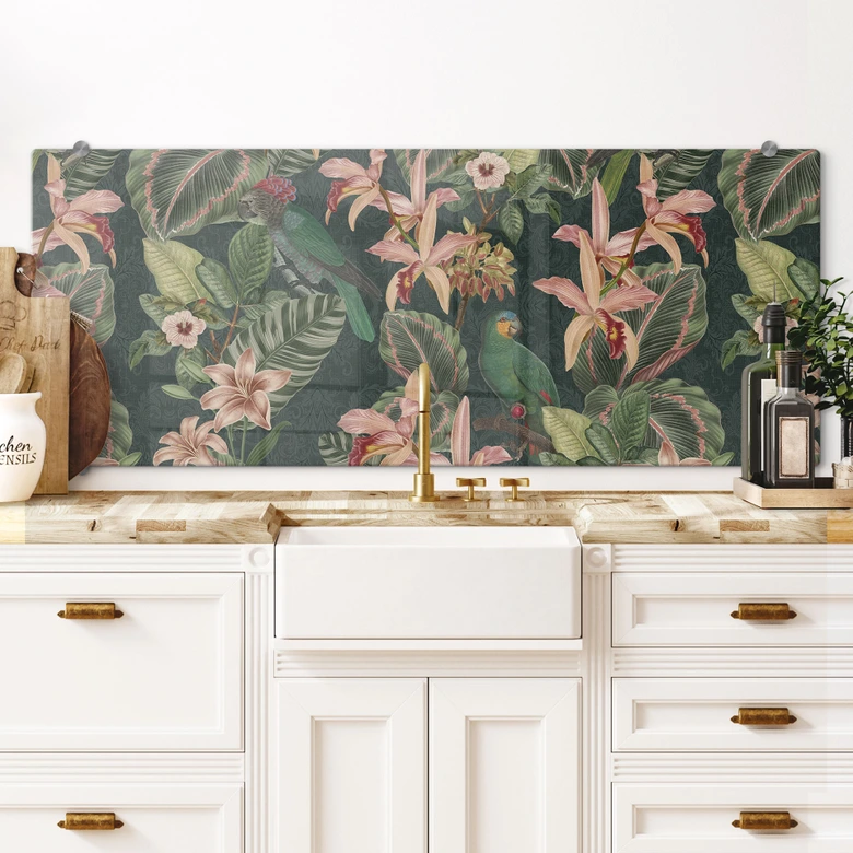 Spritzschutz Dschungel mit Papageien Nachtgrün - Bloomery Decor - Panorama 
