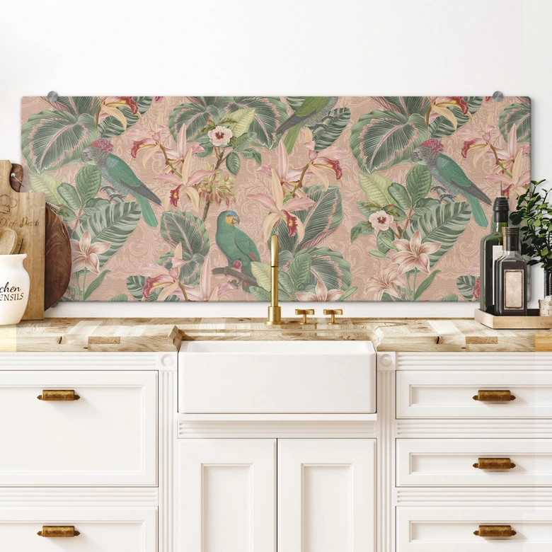 Spritzschutz Dschungel mit Papageien Rosa - Bloomery Decor - Panorama 