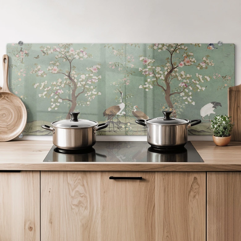 Spritzschutz Kraniche in floraler Landschaft - Bloomery Decor - Panorama 