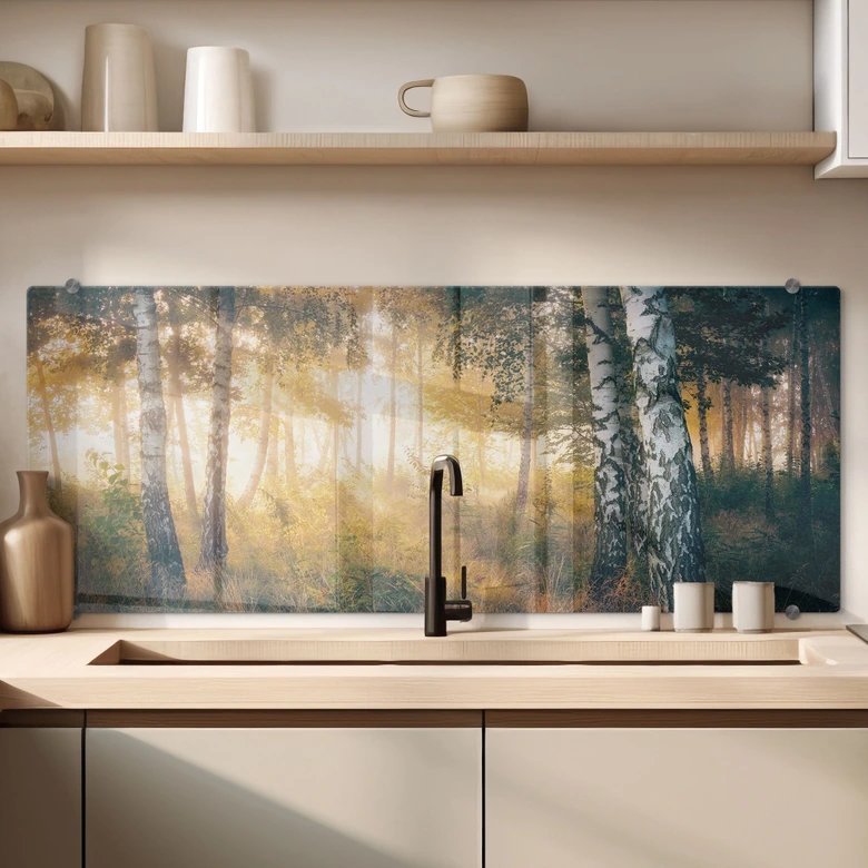 Spatscherm Zonneschijn in het berkenbos - Kado - Panorama 