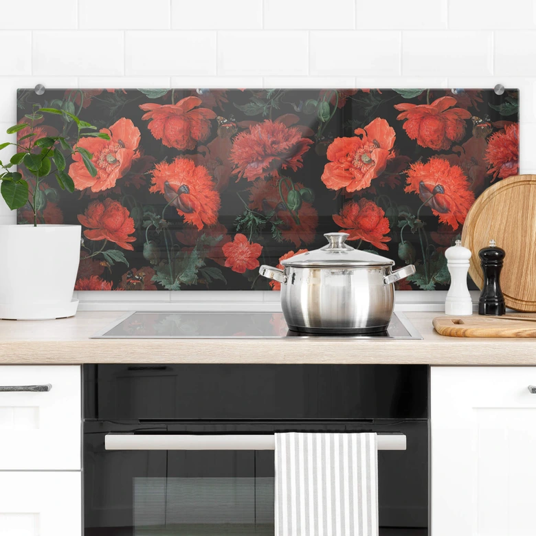 Spritzschutz UN Designs - Rote Blüten - Panorama 