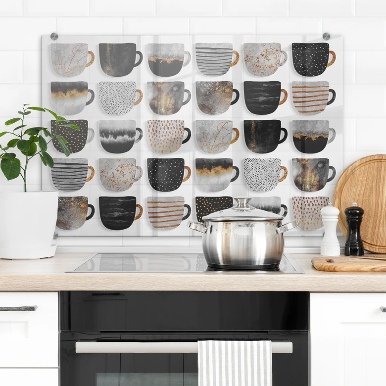 Kitchen Splashback Fredriksson - Coffee Cups: Pretty Black & Gold - Transparent 