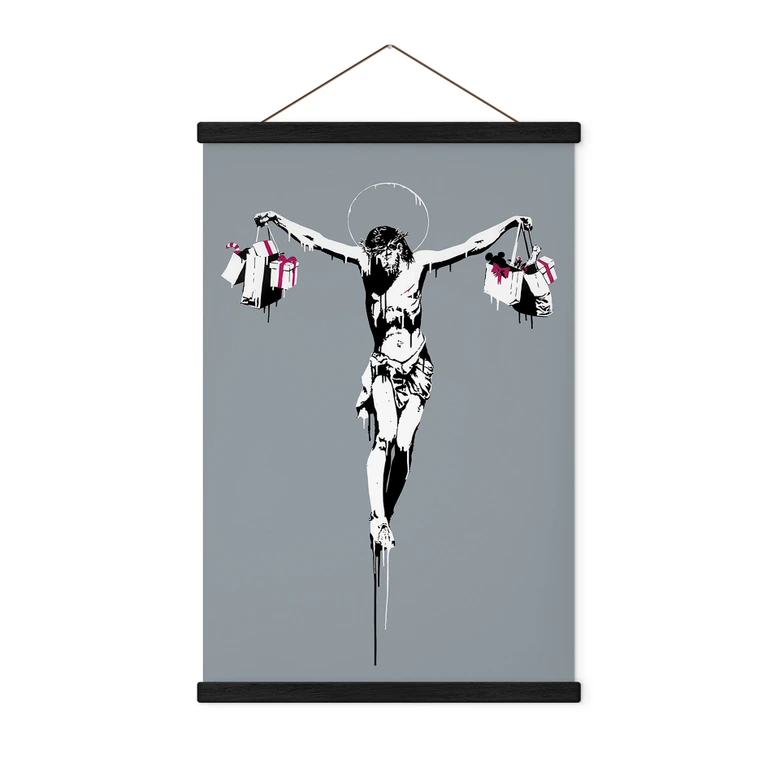 Stoffbild Banksy - Jesus Christus mit Einkaufstüten 