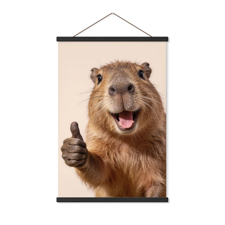 Póster de tela Happy Capybara con pulgares hacia arriba 