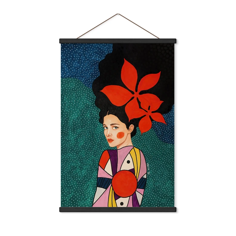 Textile poster woman with red flowers and patterned dress - Hülya 